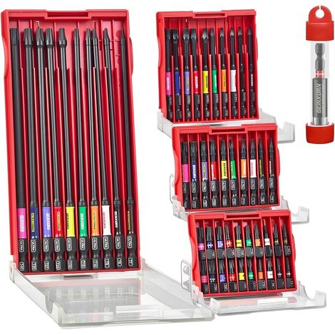 GEINXURN Jeu d'embouts de Vissage Torx T7-T40 aux Chocs de 25/50/75/150 mm, Embout pour Tournevis en Acier S2 avec Porte-embouts Magnétiques de 75 mm Long et Boîte de Rangement (1/5)