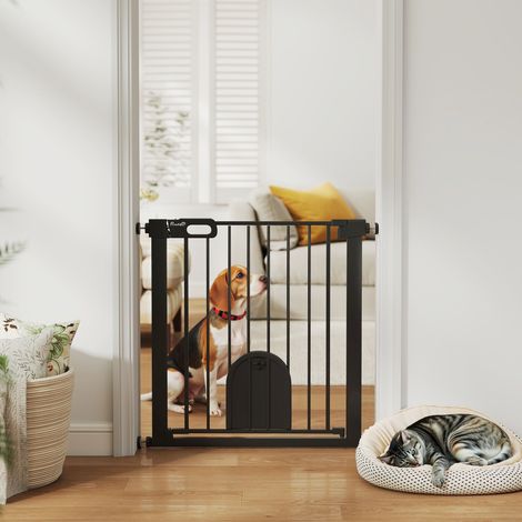 Barrière de sécurité animaux avec porte fermeture automatique système de double verrouillage, acier noir (1/5)