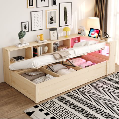 Divano letto 90x200 cm con presa multifunzione, illuminazione a LED, ampio vano contenitore e sollevamento idraulico, MDF - Legno naturale (1/5)