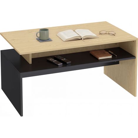 Moderner, zweifarbiger Beistelltisch mit versetzten Ebenen und Ablagefach, 95 x 55 x 50 cm, Naturholz und Schwarz
