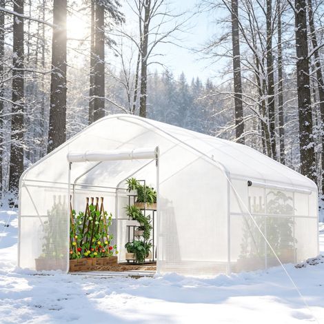 Serre de jardin 4x3x2 m avec portes roulantes et grandes fenêtres, serre tunnel pour jardin, blanche (1/5)