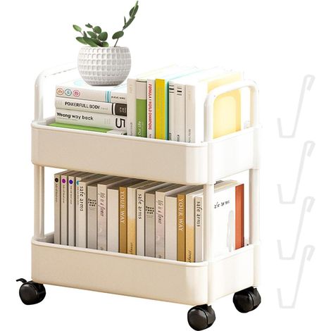 Carrello portaoggetti mobile a 2 ripiani con ruote, per cucina/ufficio/soggiorno, in acciaio e plastica.