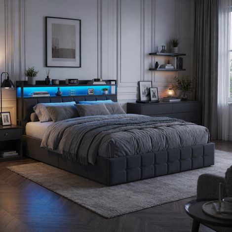 Lit 160x200 cm avec sommier et rangement hydraulique, Lit coffre 160x200 cm avec éclairage LED et ports USB, Tête de lit capitonné, Lit 2 personnes pour adulte ado, Lin, Gris (1/5)