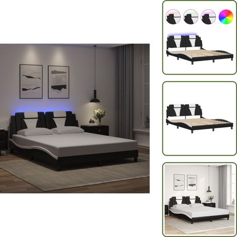 The Living Store Cadre de lit avec LED sans matelas noir et blanc 160x200 cm - Lit Plateforme - Lit Design - Cadre Lit Moderne - Lit Avec Éclairage Led - Tête De Lit Capitonnée