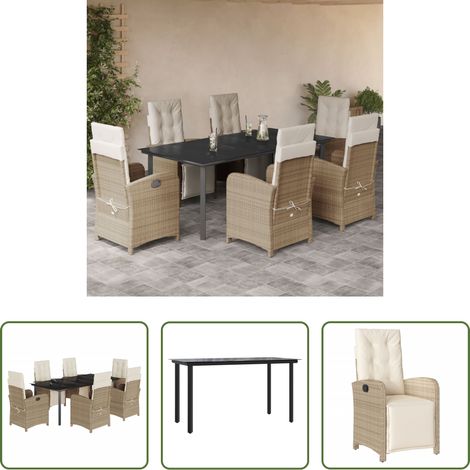 vidaXL Gartenessgruppe - 7-tlg. Garten-Essgruppe mit Kissen Beige Poly Rattan (1/5)