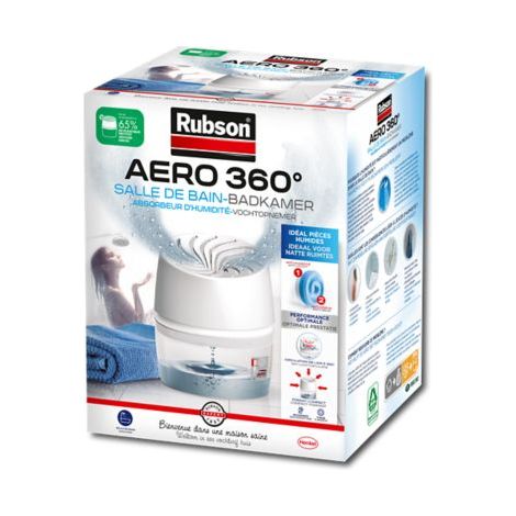 Rubson AERO 360° Absorbeur d'Humidité spécial Salle de Bain, Déshumidificateur anti-odeur, Absorbeur anti-humidité & condensation, 1 appareil + 1 recharge de 450 g