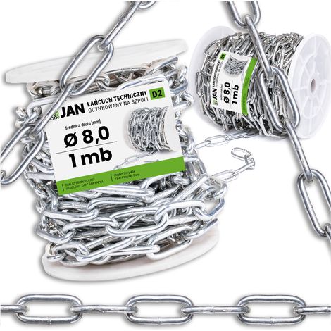 Chaîne technique commerciale D2, diamètre 8,0 mm, galvanisée résistante, vendue au mètre (1 mètre).
