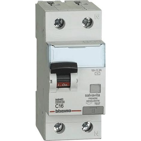 Interruttore Magnetotermico Ac 1P+N 16A 6Ka 300Ma (Bticino Cod. Gn8814Ac16)