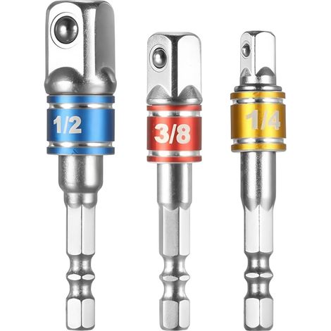 3 Pack Socket Adapter, Socket Adapter for Drill and Impact Driver, Square 1/4" 3/8" 1/2", Chrome Vanadium Cr-V Steel, Extension Chuck for Impact Wrench, Sockets and Screwdrivers (1/5)