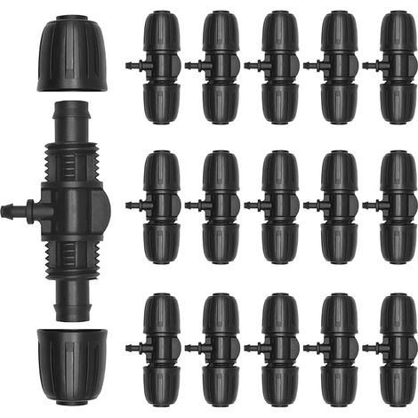 15 raccords en T pour tuyau d'arrosage avec embout cannelé pour irrigation goutte à goutte avec tuyaux d'arrosage de 1/2" à 1/4". (1/5)