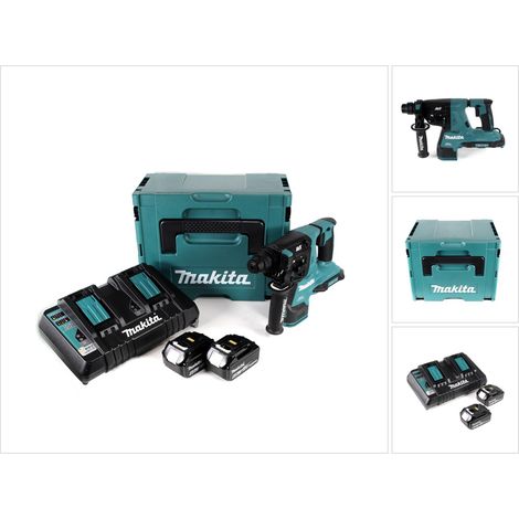Makita DHR 280 PGJ 2 x 18 V 36 V batería de iones de litio Martillo perforador 28 mm sin escobillas para SDS-PLUS en Makpac + 2 x batería de 6,0 Ah + cargador doble