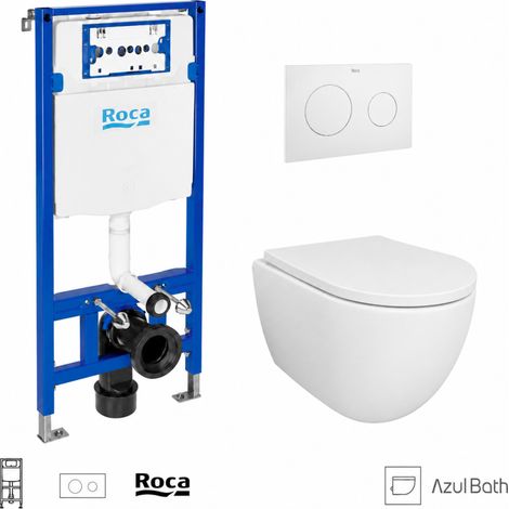 Pack WC Bastidor empotrado ROCA Duplo cisterna empotrada y pulsador PL10 blanco mate con inodoro suspendido SWISS 53 cm Tornado y Soft-Close de Azul Bath