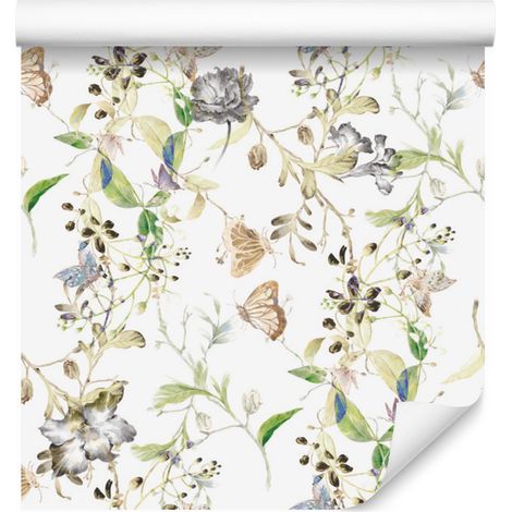 Papel pintado de flores y hojas en acuarela estilo retro para salón y dormitorio, 50x1000 cm. (1/5)