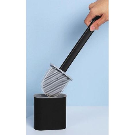 Spazzola per WC in silicone da parete, manico lungo, antibatterica, flessibile, piatta, ad asciugatura rapida, nera (1/4)