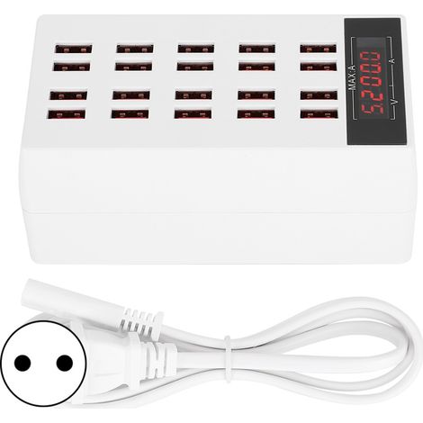 Station de Recharge USB 20 Ports 100W - Charge Rapide Intelligente pour Tablettes et Smartphones (Blanc, EU)