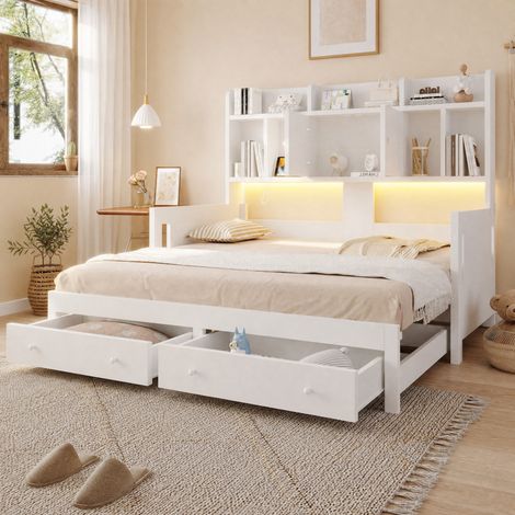 Divano letto estraibile 193.6x140x97 cm, con cassetti e vani integrati, con presa e LED, legno bianco (1/5)