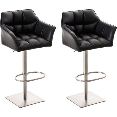 Juego de 2 taburetes de bar giratorios en piel sintética negra con estructura de acero inoxidable – Asiento de sillón acolchado con reposabrazos – Altura regulable 100006569