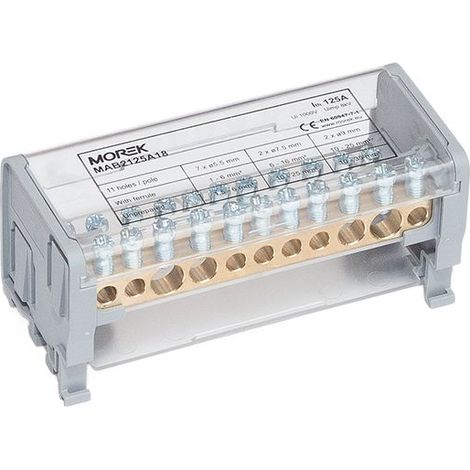 Répartiteur bipolaire 125A – 11 départs – 2x35mm², 2x25mm², 7x6mm² – Installation sur rail DIN – Matériaux laiton et acier galvanisé