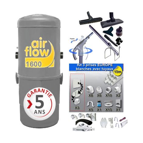 Aspirateur central 1600 Watts – Dépression 3050 mmCE – Débit d’air 199 m3/h – Kit complet avec 8 accessoires et flexible 9 ml – Surface jusqu’à 300 m² – Airflow