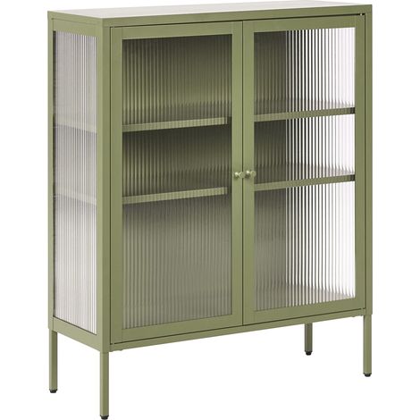 Credenza moderna in acciaio con 2 ante ed elementi in vetro verde Lerryn