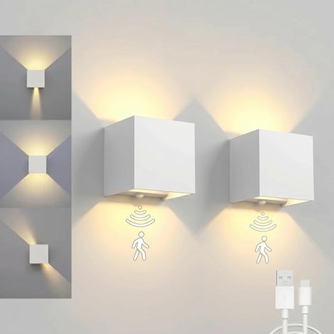 Applique murale intérieure avec détecteur de mouvement 6000 mAh - Fonctionne avec piles - 12 W - 3000 K - Applique murale USB avec interrupteur - Sans fil - Angle d'éclairage réglable (1/5)