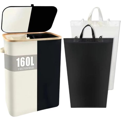 Panier a Linge 160L,Corbeille a Linge 2 Compartiment avec Couvercle,Doublure en Maille Amovible Pliable,Gain de Place,Tissu Oxford pour Chambre,Salle de Bain,Buanderie (1/5)