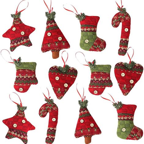 Décorations de saison Lot de 12 décorations de Noël en toile de jute à suspendre,chaussettes de Noël,gants,canne,arbre de Noël,étoile en forme de cur,décoration à suspendre pour les fêtes de fin d'ann (1/5)