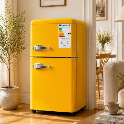 Réfrigérateur 2 portes 86 L, 56 L réfrigérateur + 30 L congélateur, contrôle de température 7 niveaux, classe énergétique E, LED, étagères réglables, jaune