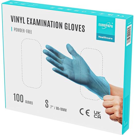 Lot de 100 gants jetables en vinyle sans latex et non poudrés - Taille S, M, L et XL (Bleu, S) (1/5)