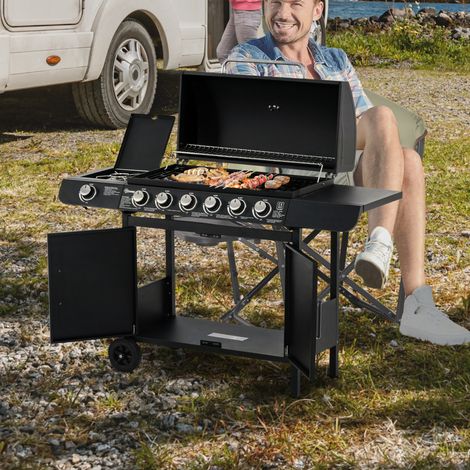 Barbecue gaz couvercle 7 brûleurs 20kW brûleur latéral 2 roues 135x50x100cm, noir