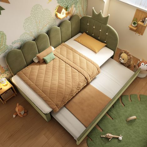 Cama infantil de 90x200 cm - Sofá cama con cama extraíble de 90x200 cm y cama nido de 90x190 cm, diseño de corona, ahorra espacio, terciopelo verde.