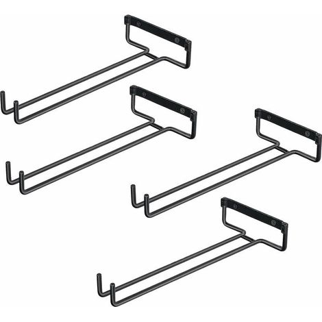 4 portabicchieri per mensola, portabicchieri in ferro per 4 bicchieri, espositore per bicchieri da vino a parete, portabicchieri capovolto per cantinette, bar, cucine (nero)