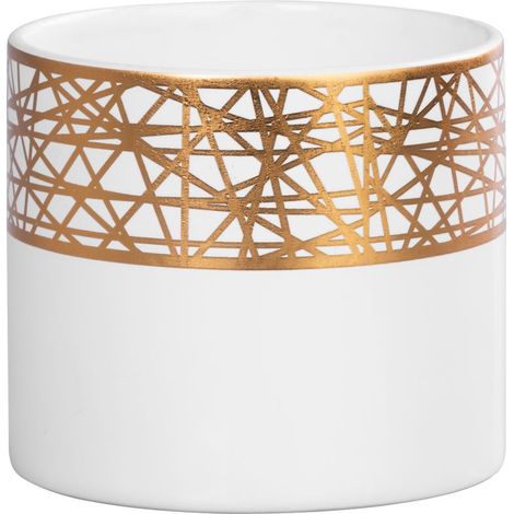 Dekoration MagicHome, Blumentopf mit goldenem Ornament, weiß, Dolomit, 16,8x16,8x14,7 cm