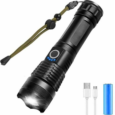 Ultrahelle 5000-Lumen-LED-Taschenlampe, USB-aufladbar, extrem helle taktische Taschenlampe, 5 Zoomstufen, wasserdicht, ideal für Camping, Wandern und Notfälle, inklusive 18650-Akku (1/4)