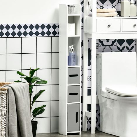 Kleankin Badezimmerschrank mit 3 Türen und 3 Ablagen, moderner hoher Schrank, 15 x 17 x 120 cm, Weiß und Grau