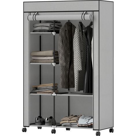 Stoffkleiderschrank mit 6 Rollen, Kleiderstange und offenen Regalen, 103 x 43 x 162,5 cm, grau
