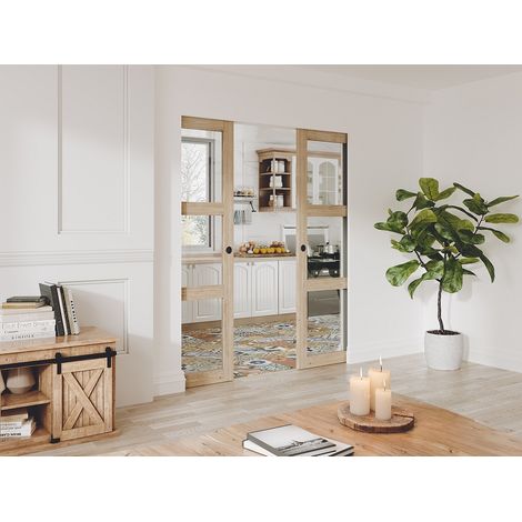 Porta scorrevole doppia con sistema a incasso in legno e vetro temperato 3 finestre 2xH205xL93cm - ACOSTA II (1/4)