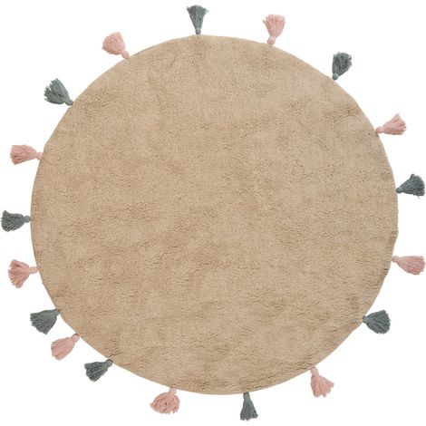 Alfombra infantil de algodón 120 cm lavable a máquina con borlas de colores redonda beige Kodinhi