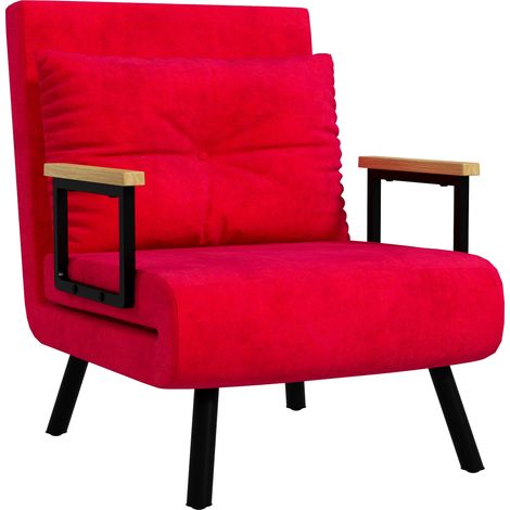 4 in 1 Poltrona Letto Singolo, Poltrona Pieghevole con Schienale Regolabile in 5 Posizioni, Divano Letto con Cuscino, Seduta Imbottita, in Velluto per Casa e Ufficio, 63x73x81 cm, Rosso