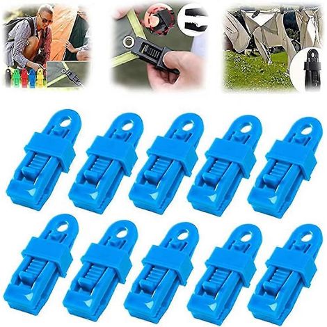 Lot de 10 poignées de verrouillage robustes et réglables pour bâches et toiles d'ombrage, pinces en plastique pour toiles d'ombrage, pinces réutilisables pour bâches - Bleu (1/4)