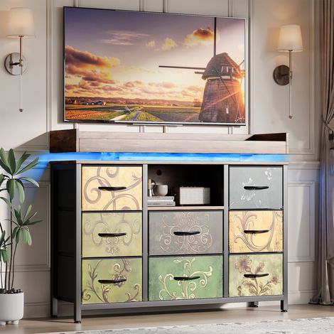 BLANKETSWARM - Commode rétro 8 tiroirs en tissu – LED – Station de charge – 108 x30x82 cm – Structure en métal et MDF – Motif floral coloré (1/5)