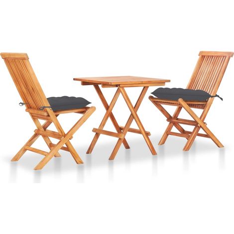 3-tlg. Bistro-Set mit Anthrazit Kissen Massivholz Teak