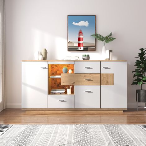 Okwish – Buffet blanc 4 portes 3 tiroirs – Éclairage LED 15 couleurs – Dimensions 160x40x77 cm – Panneaux de particules – Style moderne