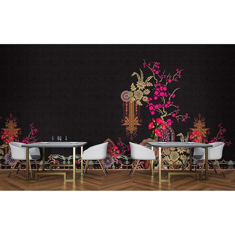 Papier peint panoramique oriental zen Tapisserie panoramique jardin à motif floral salon couloir Papier peint panoramique noir et rose asiatique (1/3)
