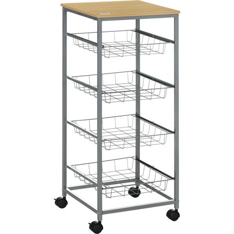 Chariot de service, desserte de cuisine avec paniers métalliques, 36,5 x 36,5 x 89 cm, desserte de cuisine, table d'appoint, argentée pour la cuisine et la salle à manger