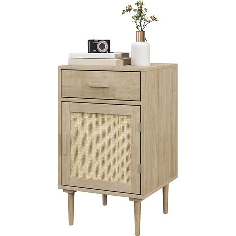 Table de chevet avec tiroir porte rotin tissé design bohème 40x40x68.5 cm