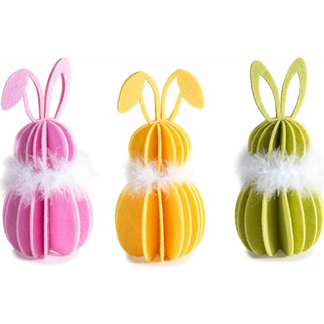 Conigli colorati tridimensionali realizzati in panno con collana in eco-fur, set da 9 pezzi, Ø 9 cm x 19,5 H