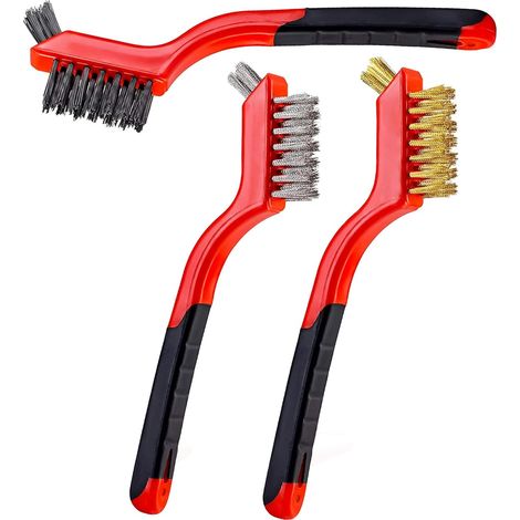 Lot de 3 brosses métalliques Poils en nylon/laiton/acier inoxydable avec poignée incurvée pour nettoyer la rouille, la saleté et la peinture avec nettoyage en profondeur 17,8 cm (rouge) (1/5)