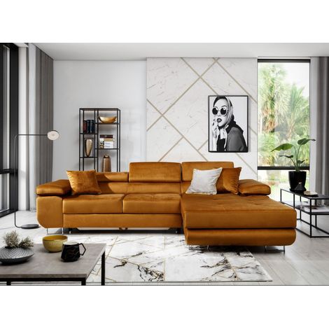 Les Tendances – Canapé convertible d'angle droit velours marron clair 280 cm – Couchage 125 x 198 cm – Rangement intégré – Pieds en métal chrome poli (1/5)