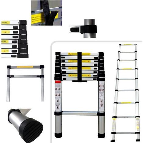 Échelle télescopique 2,6 m en aluminium – Charge maximale 150 kg – Antidérapante – Rétractable pour rangement facile – Dripex